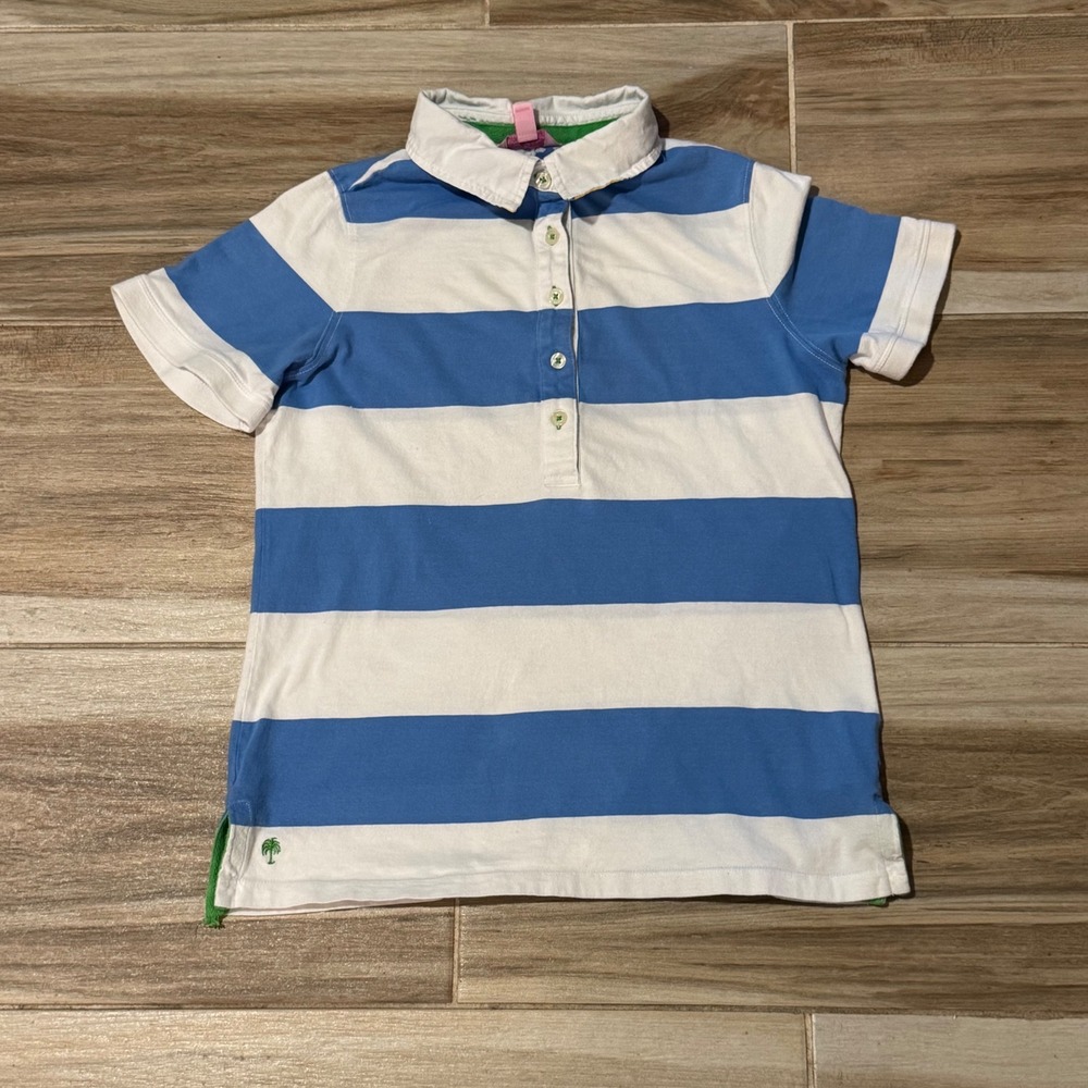 Lilly Pulitzer Blue White Striped Cotton Polo Shirt Palm Tree Logo Size M